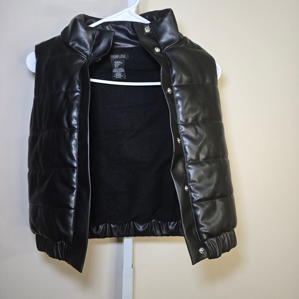 Rachel Zoe Girls Black Faux Leather Puffer Vest Size M 7/8 Quilted Snap Front